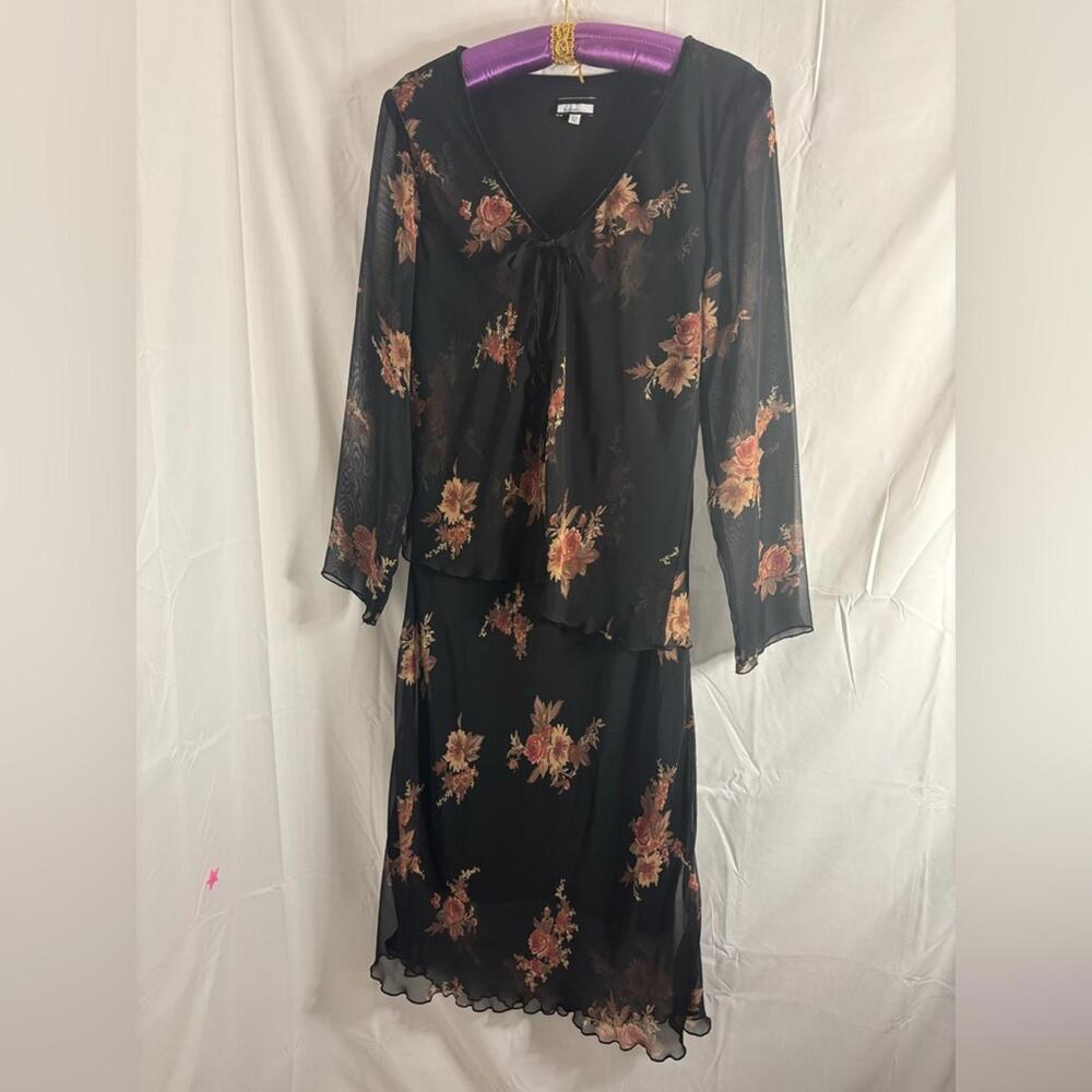 VTG Black Whimsigoth 90s Fairy Grunge Lettuce Hem Tie Front Midi Dress Size L-XL